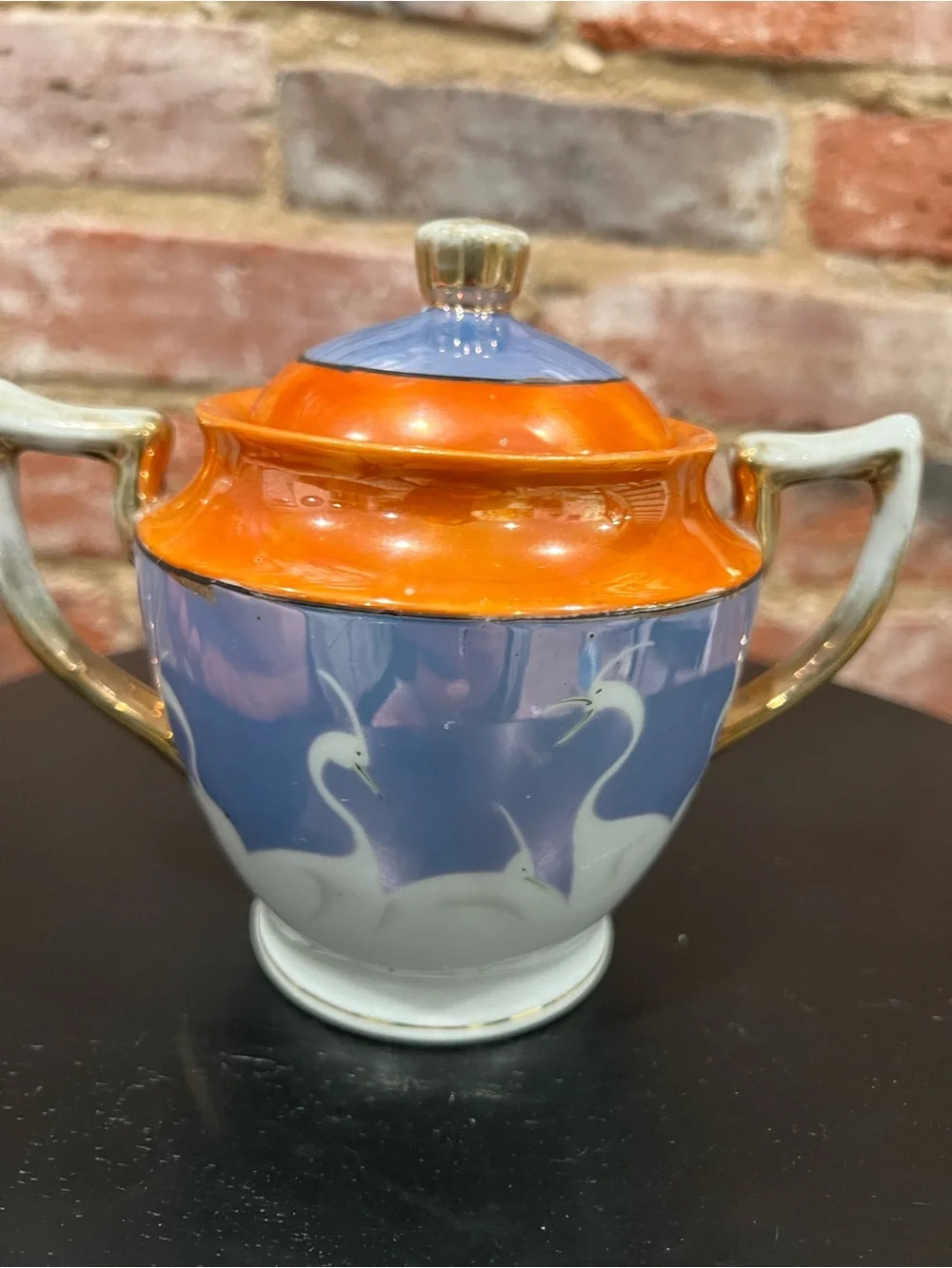 Vintage Blue and Orange Porcelain Lidded Swan Sugar Bowl with Gold‎ Handles